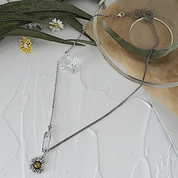Sunflower Sterling Silver Chain Safety Pin Charm Necklace - Picture 7 of 7